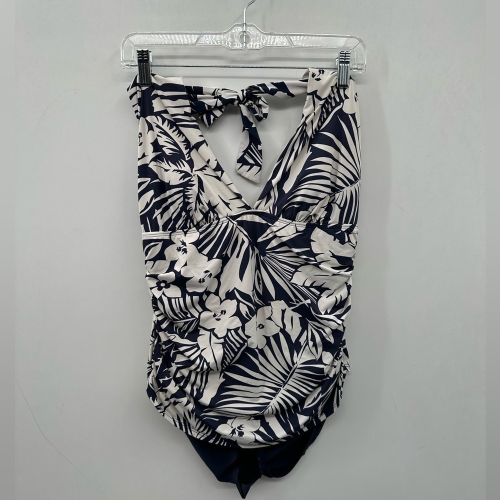 LAUREN RALPH LAUREN blue leaf print halter top one piece swimsuit. 14